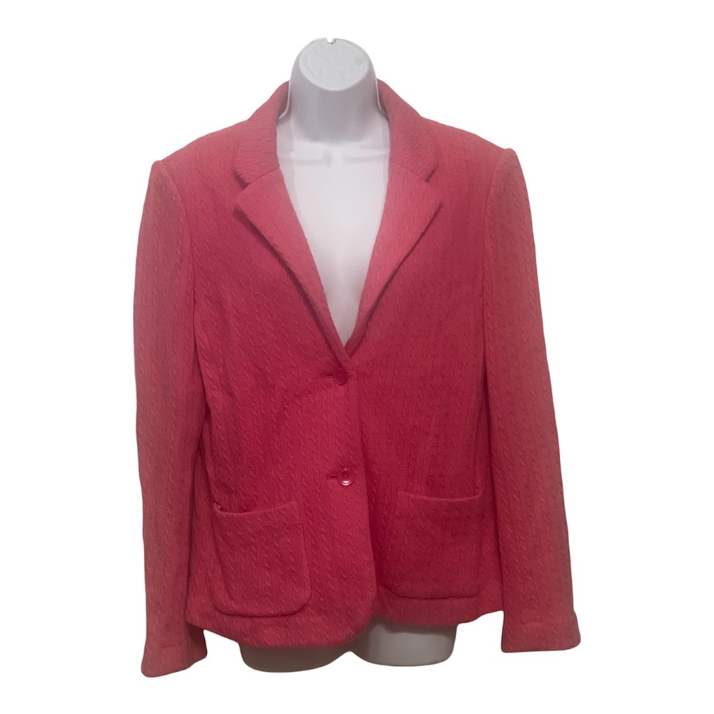 Talbots Womens Pink 100% Wool Cable Knit Blazer Jacket Cardigan Size L
